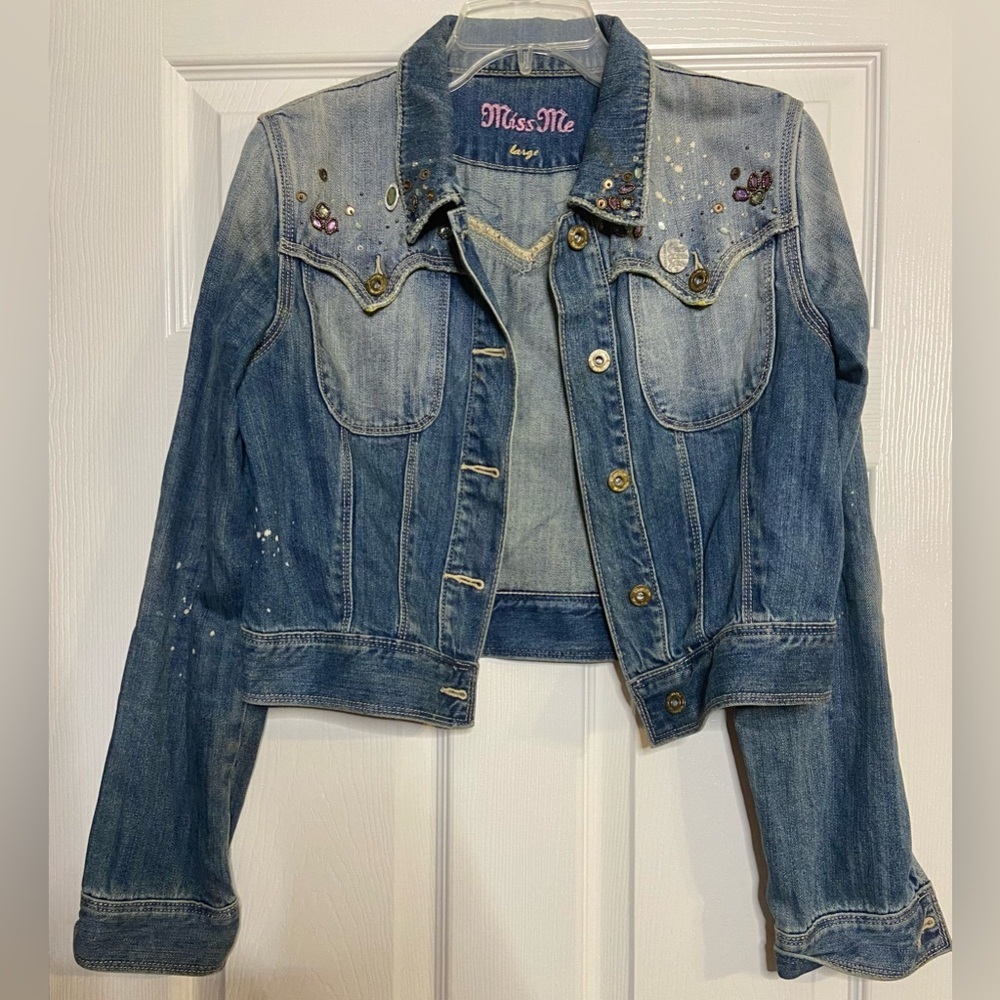 Miss Me CHIC Cropped Layering Blue Denim Beaded Collared Jean Jacket Coat L
